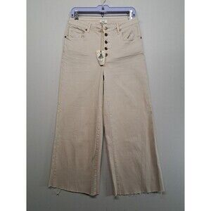 Easel Wide Leg Pants Medium Beige High Rise Button Fly Raw Hem Boho Trendy